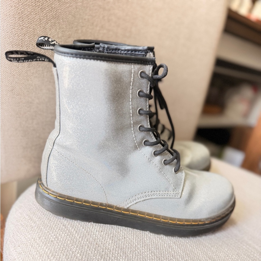 Dr. Martens Boots Womens Girls 6 Silver Glitter Zavala J Combat Boots Side Zip